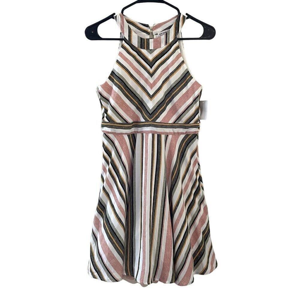 NWT Knit Works Pink and Green Striped Skater Dress Summer Sundress Halter Top Li